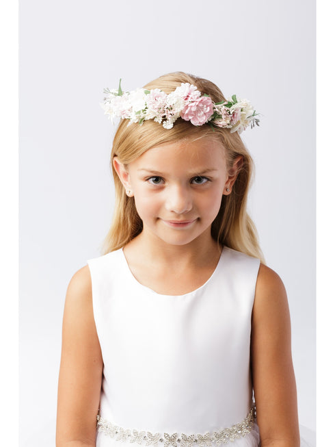 Girls Pink White Flower Adorned Ribbon Back Special Occasion Hair Wreath Crown - SophiasStyle.com